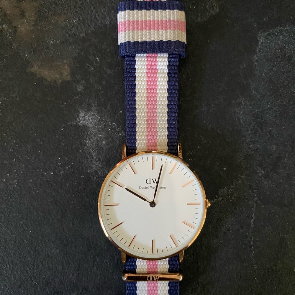 Daniel Wellington Watch with Navy and Pink Striped Band